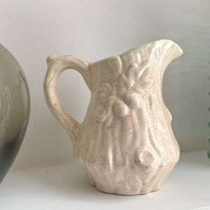 vintage 50s faux bois pitcher with bark, leaves, acorns, and mushroom designs